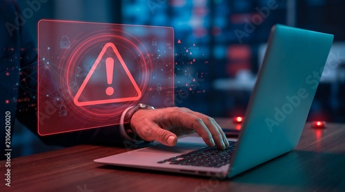 Cybersecurity alert with warning sign and data network overlay