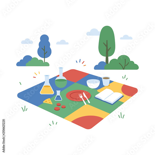 Photography Colorful picnic setup with science lab equipment outdoors.