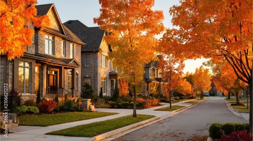 Suburban streetscape with houses, vibrant autumn foliage lining the road