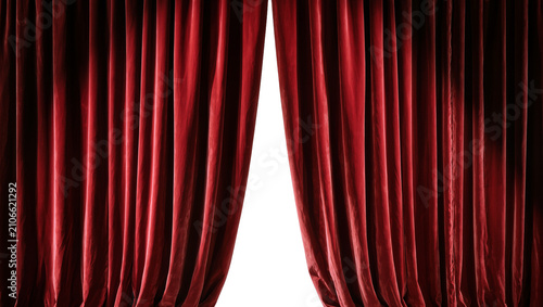 Isolated open red velvet theatrical stage curtains, elegant fabric for dramatic reveal