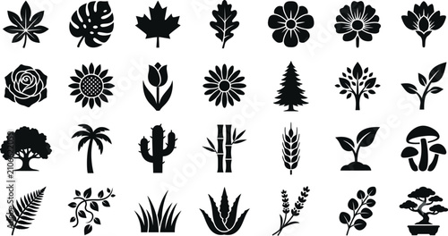 A collection of various plant silhouettes on a white background