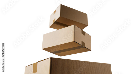 Isolated stack of three brown cardboard shipping and moving boxes with packing tape