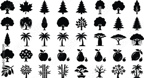 A collection of various tree silhouettes and fruits on a white background