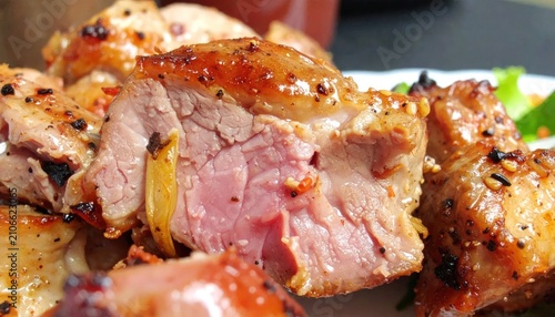 Sliced roasted pork meat with herbs and golden crust.