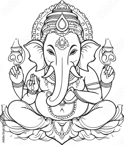 Ganesha hindu god line art drawing sitting on lotus flower wearing crown jewelry blessing.