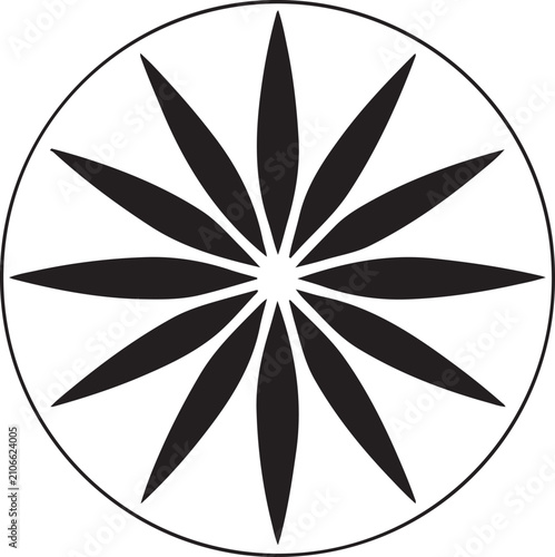 Black petal mandala circle, abstract floral geometric pattern, symmetrical design, elegant.