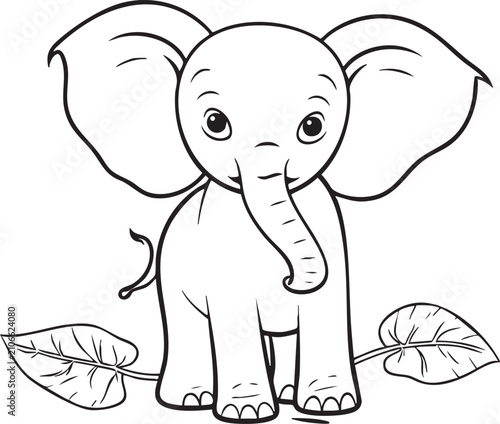 Baby elephant with leaves line art, cute cartoon style, big ears, happy expression.
