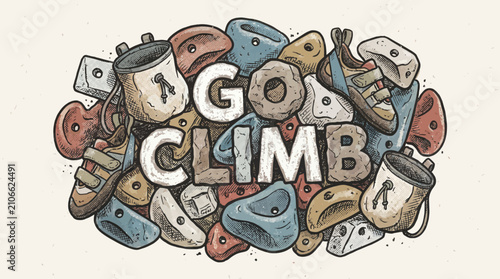 Illustration featuring the text GO CLIMB surrounded by rock climbing holds chalk bags and climbing shoes