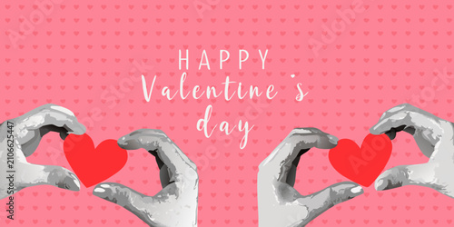 Bild auf Leinwand Hands holding red hearts against a pink heart patterned background
