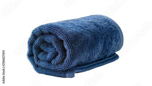 Isolated rolled blue towel ready for spa, bath, fitness, or personal hygiene use.