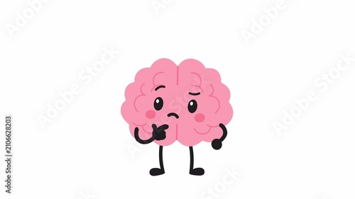 Cute cartoon brain thinking with a curious expression. Flat 2D animation with transparent background and alpha channel for psychology, creativity, and education.