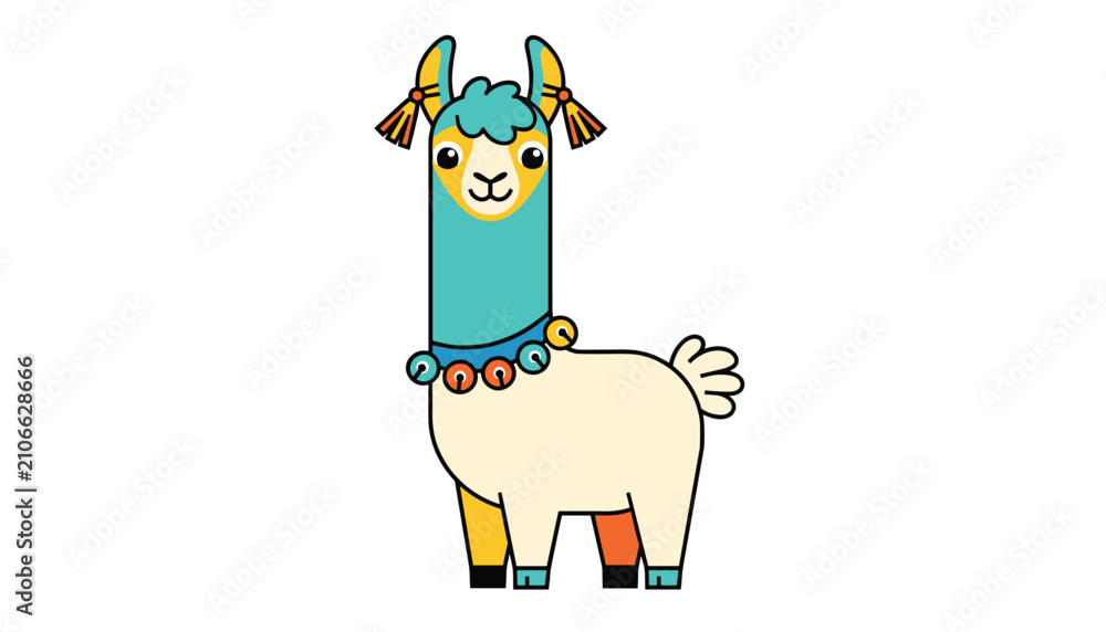 Fototapeta premium Cute llama cartoon character standing with decorative turquoise neck collar, yellow bells, and colorful tassels on ears.