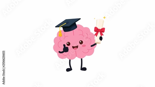 Cute cartoon brain wearing graduation cap and holding diploma. Flat 2D animation with transparent background and alpha channel for education and achievement.