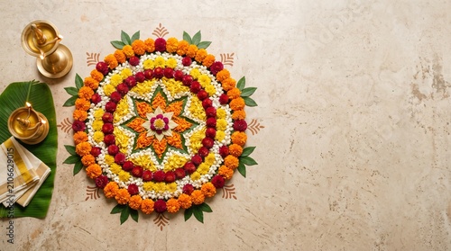 A vibrant floral Rangoli pattern made of marigold and other flowers, with diyas and a folded cloth arranged beside it on a textured surface.