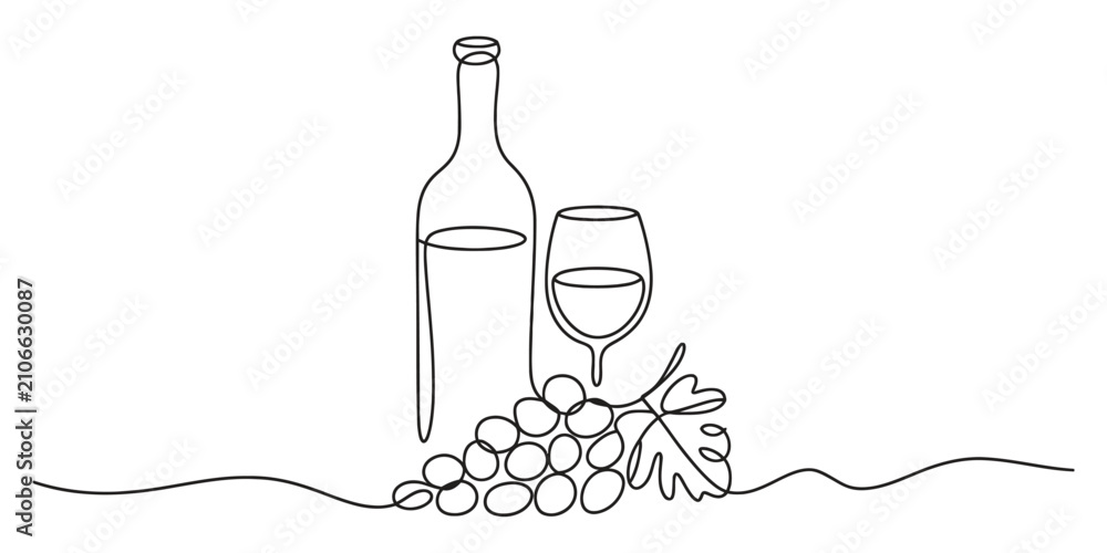 Obraz premium Continuous single line drawing of a wine bottle glass and a bunch of grapes