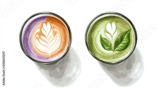 Ube and Matcha drink on white background,Iced Ube Latte,and matcha latte,PopularTrendy Purple Coffee Shop,plant based recipes,superfood,menu and banner,Healthy and wellness concept.