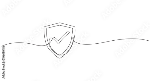 Continuous One Line Drawing Shield Icon with Checkmark Minimalist Security Protection Line Art Vector,Minimalist Shield Checkmark One Line Art Security Vector Design