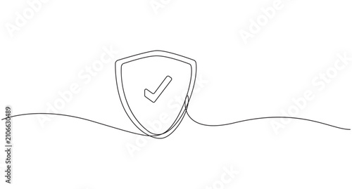 Continuous One Line Drawing Shield Icon with Checkmark Minimalist Security Protection Line Art Vector,Minimalist Shield Checkmark One Line Art Security Vector Design