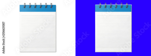 Foto Spiral bound notepad with blue header and blank white pages, isolated on a white