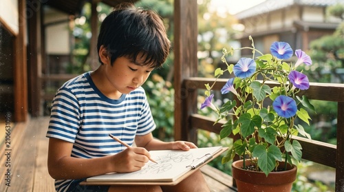 昭和の日本人小学生：ベランダで朝顔の鉢植えを真剣な表情で見つめ、夏休みの宿題で観察日記のスケッチを描く日本人小学生男子のクローズアップポートレート