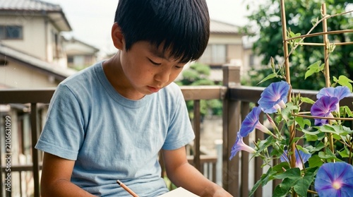 昭和の日本人小学生：ベランダで朝顔の鉢植えを真剣な表情で見つめ、夏休みの宿題で観察日記のスケッチを描く日本人小学生男子のクローズアップポートレート