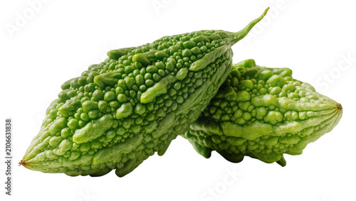 Photography Isolated two fresh raw organic bitter gourds, healthy green vegetable food ingre