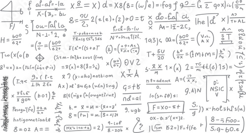 Fotografie Hand drawn mathematical equations and symbols on a white background with a grey