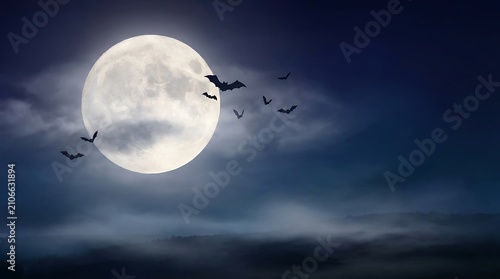 Silhouettes of bats flying in front of a big full moon in the night sky
