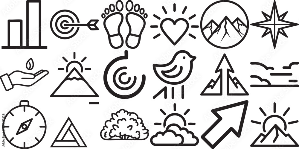 Fototapeta premium Diverse set of travel and nature conceptual icons in black and white