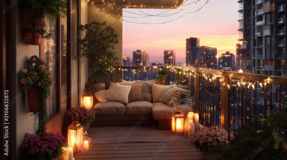 Obraz premium Modern apartment balcony decorated with fairy lights at sunset. Cozy outdoor living area with comfortable sofa and lanterns for evening relaxation. Urban city skyline background view.