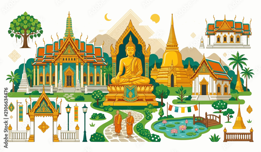 Obraz premium Untitled design - 2Illustrate a premium flat vector cultural scene featuring a grand golden Buddha statue, traditional Thai temple buildings, an ornate stupa, lotus flowers, tropical greenery, decorat