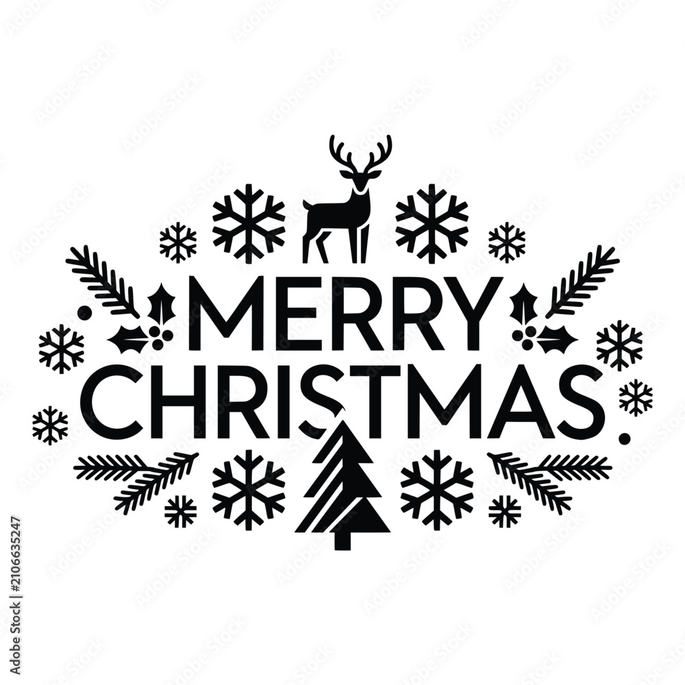 Obraz premium Merry Christmas Greeting Banner Vector Illustration with Modern Typography, Snowflakes and Holiday Decoration