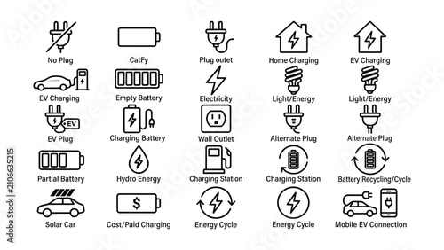 Electric vehicle charging icons and symbols for energy and battery concepts