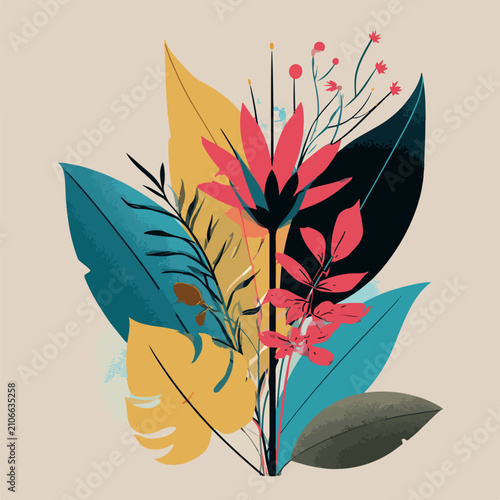 Abstract floral arrangement with colorful tropical leaves and pink flowers.
