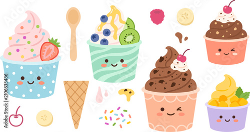 Cuadro en lienzo Cute Kawaii Frozen Yogurt and Soft Serve Ice Cream Cup Icon Set with Smiling Fac