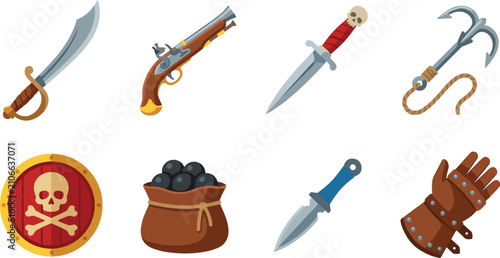 Tableau sur toile Colorful icons of pirate weapons and gear including cutlass, pistol, dagger, shi