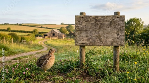 A small bird stands near a weather-beaten wooden signpost situated within a serene countryside meadow displaying a rustic barn and rolling golden fields under the soft light of the morning sun