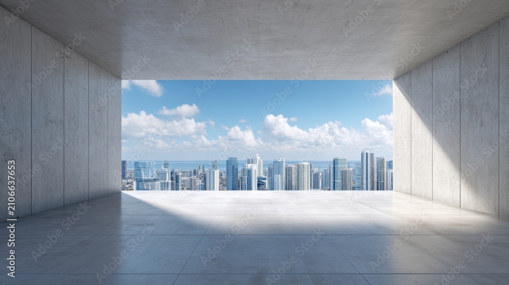 Obraz premium Empty concrete room with open wall overlooking modern city skyline. Architecture interior with urban view. Minimalist design for office space or residential apartment real estate project.