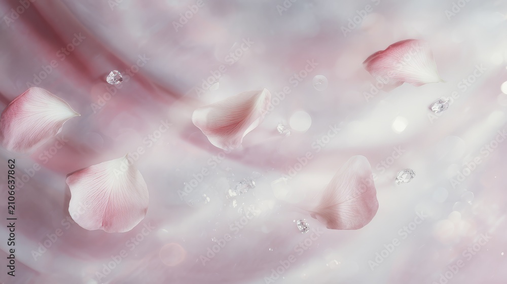 Fototapeta premium Blush flower petals drifting across a dreamy pastel background with soft bokeh