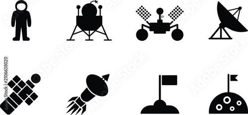 Fotografi Black silhouette icons of space exploration including astronaut, rover, satellit