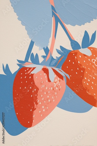 Minimalist Strawberry Paper Collage Poster, Mid Century Modern Fruit Wall Art, Scandinavian Kitchen Printable
