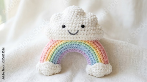Charming crochet cloud and rainbow toy, a symbol of hope and joy for children.