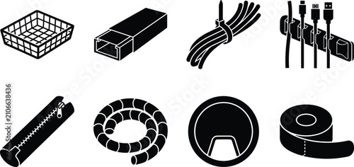 Fotografie Desk Cable Management and Wire Organization Silhouette Icon Set featuring Sleeve