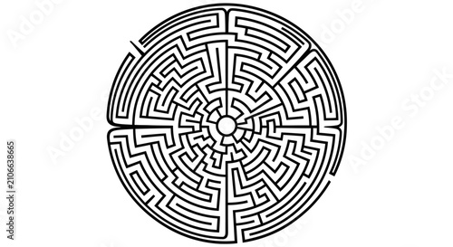 Intricate black and white circular maze graphic with complex pathways leading to a central point.