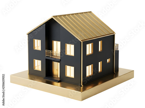 3d model of a modern twostory house with black walls and gold roof isolated on transparent background