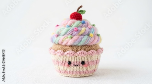 Adorable knitted cupcake with colorful frosting and sprinkles, featuring a cute face, perfect for whimsical designs.