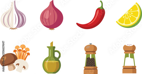 Bild auf Leinwand Cooking ingredients and seasoning icon set featuring garlic, onion, chili pepper
