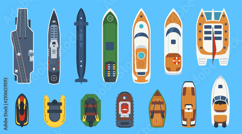 Tableau sur toile Boat top view icons with colorful ships, yachts, catamaran, submarine, jet ski,