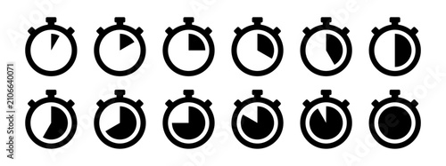 Photos Stopwatch timer icons with circular progress stages, black countdown and duration symbols showing interval sequence, deadline timing, loading, productivity, fitness and infographic design