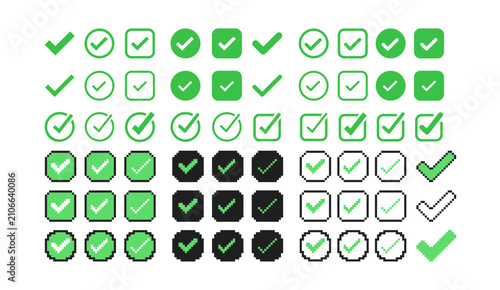Check mark vector icons set with green ticks, checkboxes and pixel validation symbols, approval and confirmation signs for completed tasks, accepted choices, verified status and user interface